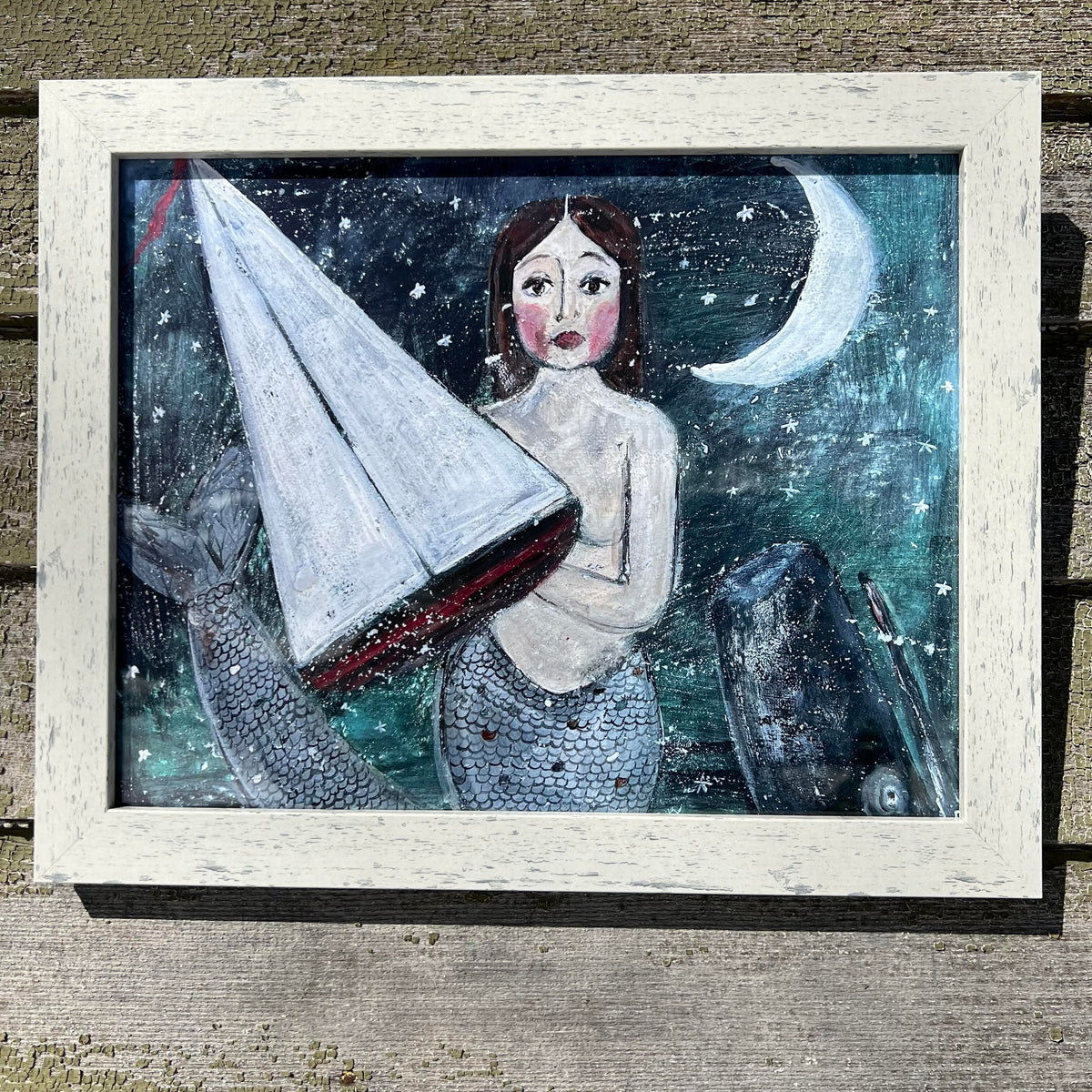 Mermaid Holding Boat Under Stars and Moon