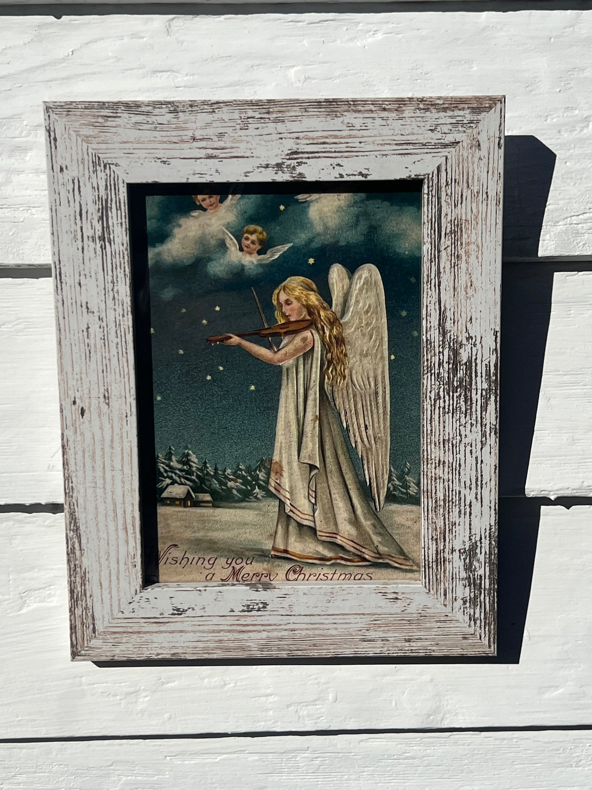 Framed Giclee of Victorian Angel With Violin in the Snow - Merry Christmas