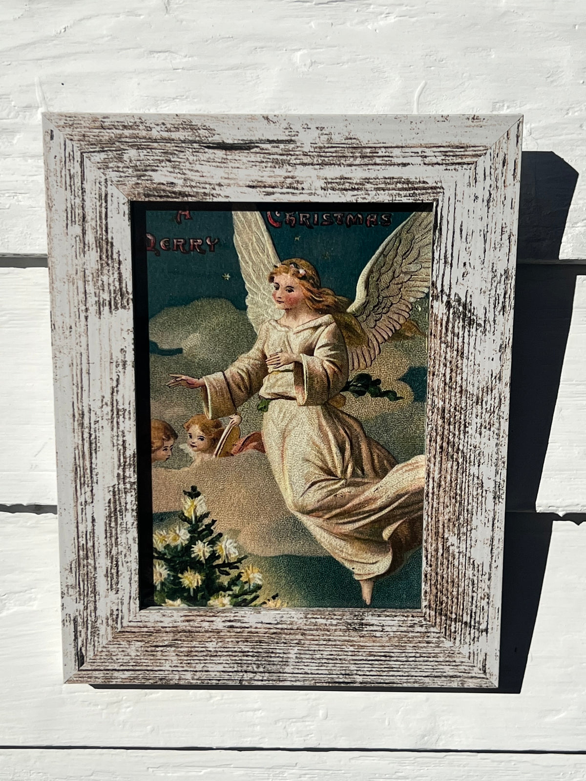 Framed Giclee of Lovely Victorian Angel in the Sky Over a Christmas Tree