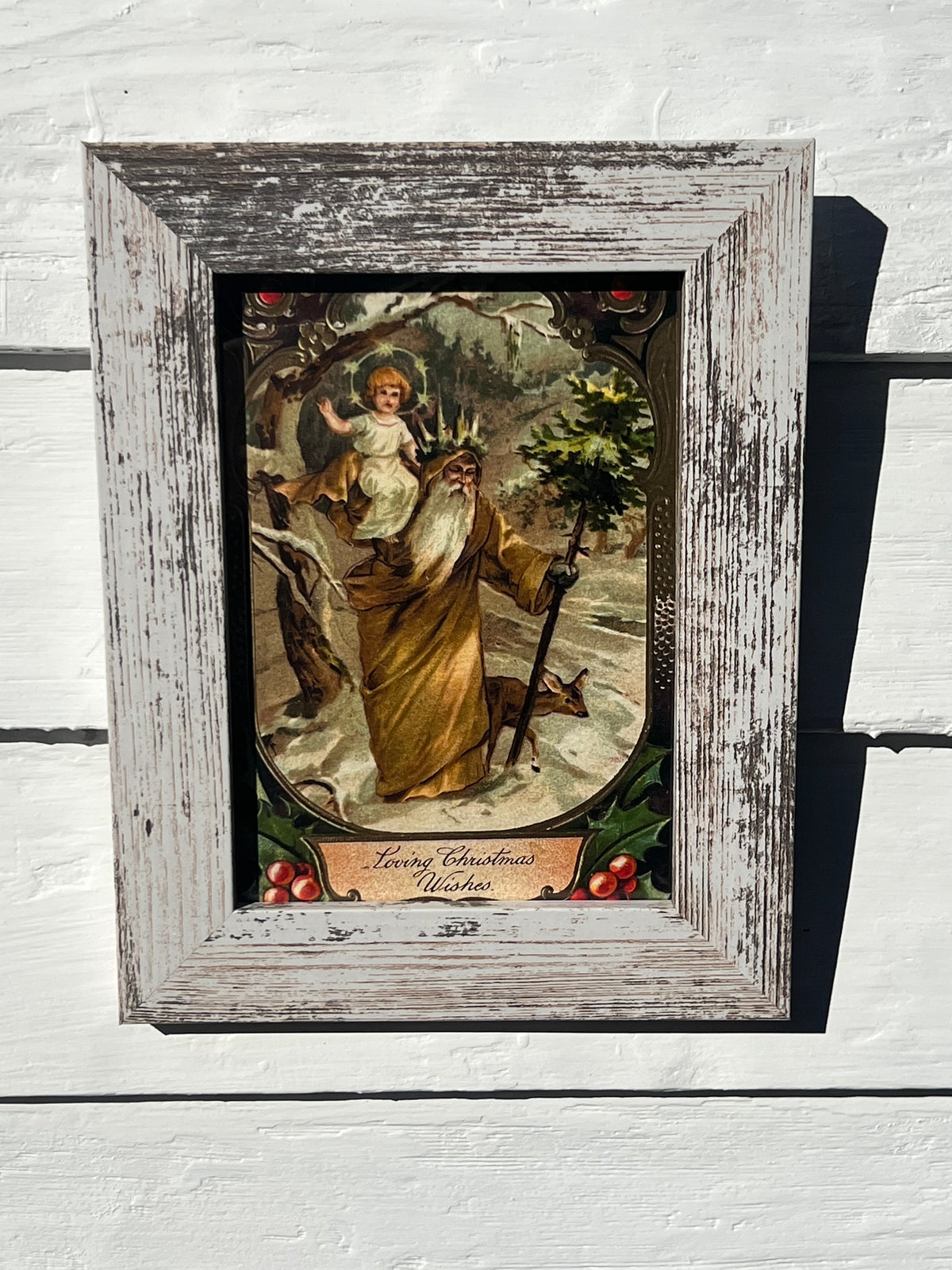 Framed Giclee of Father Christmas with Child and Deer in Winter Woods