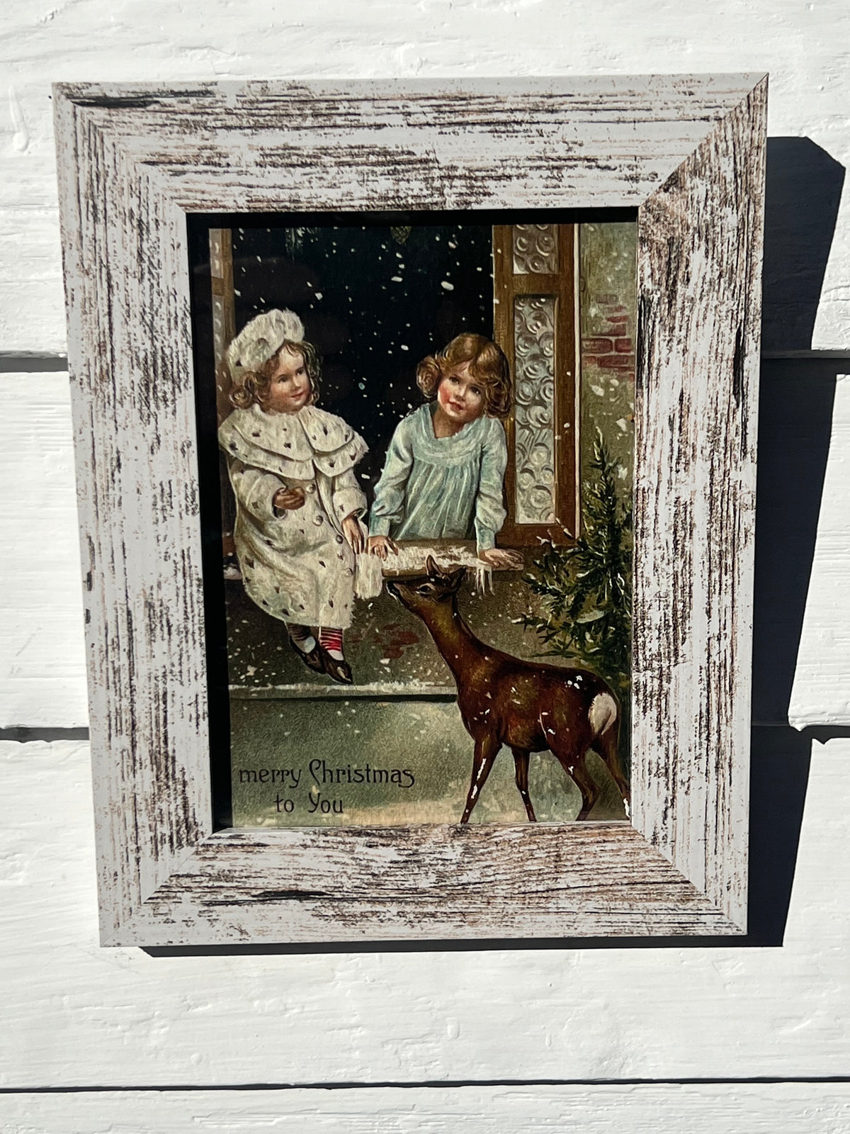 Framed Giclee of Victorian Children in a Snowy Window Looking at Deer