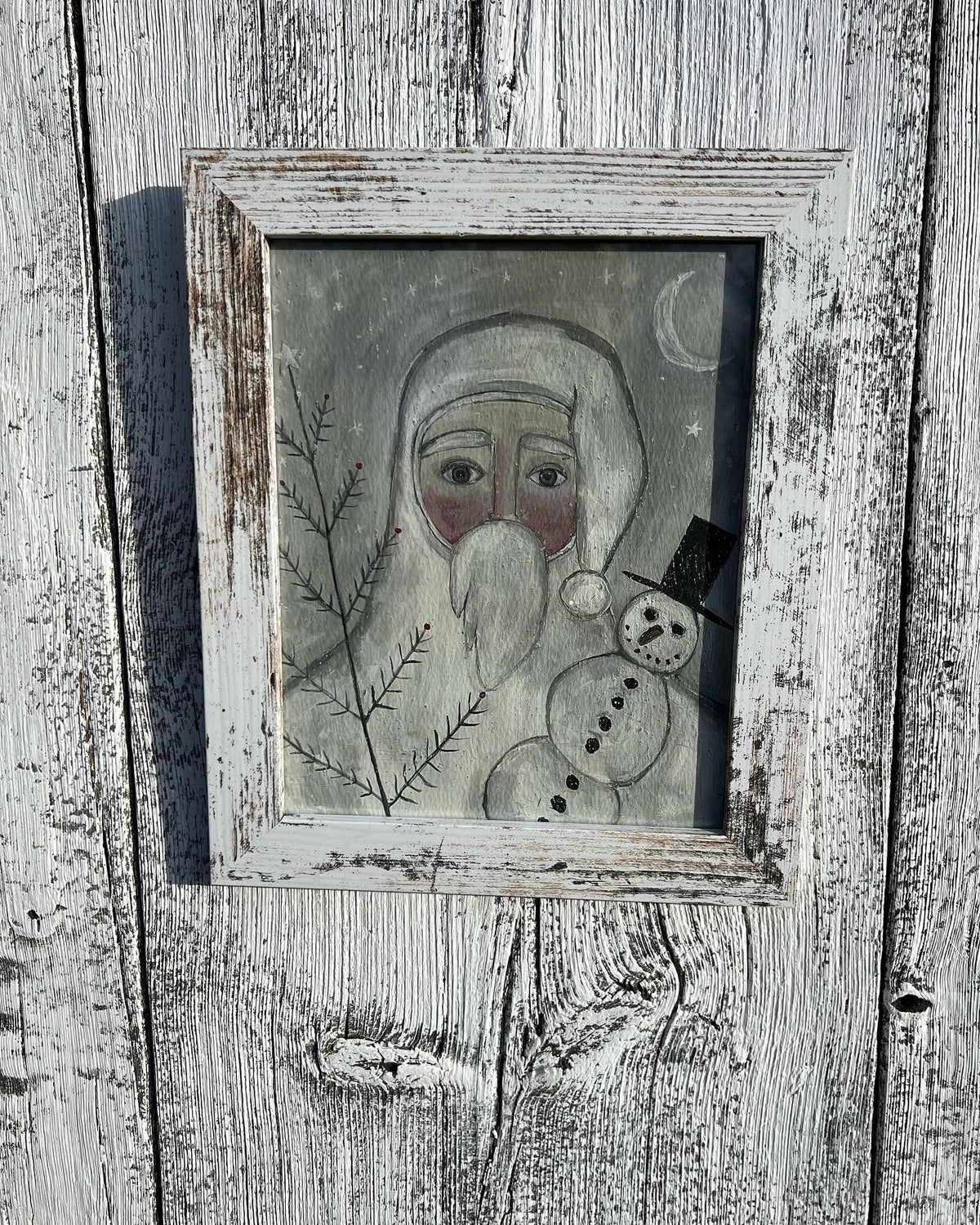 Framed Holiday Giclee of White Belsnickel Santa Claus With Snowman