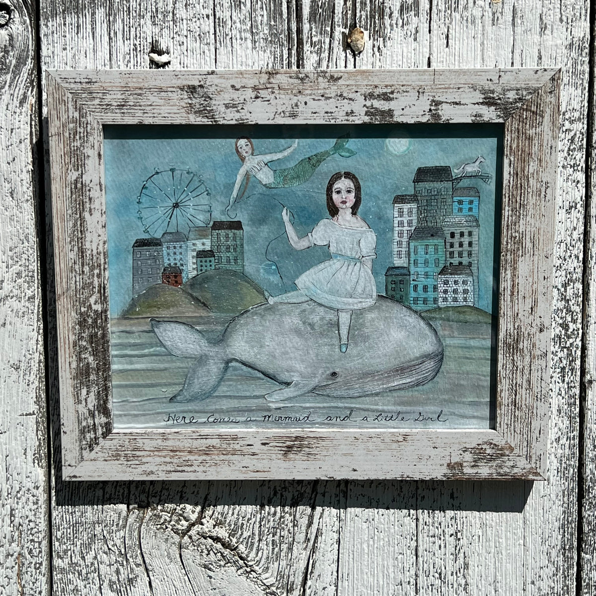 Framed Here Comes a Mermaid and a Little Girl Giclee