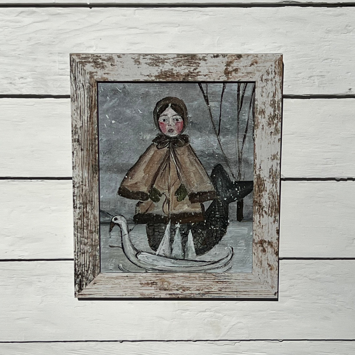 Framed Holiday Giclee of Mermaid with Swan Sled