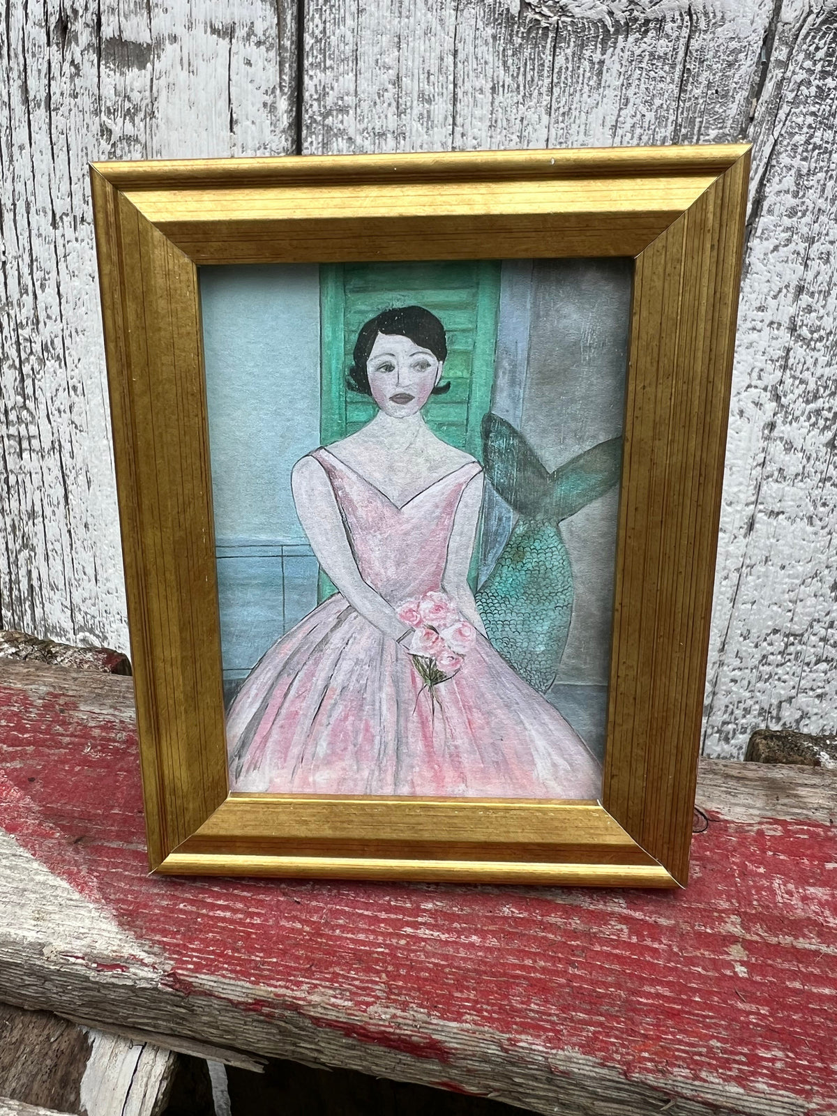 Framed Mini Rectangular Giclee of Mermaid in Pink Dress - Tabletop