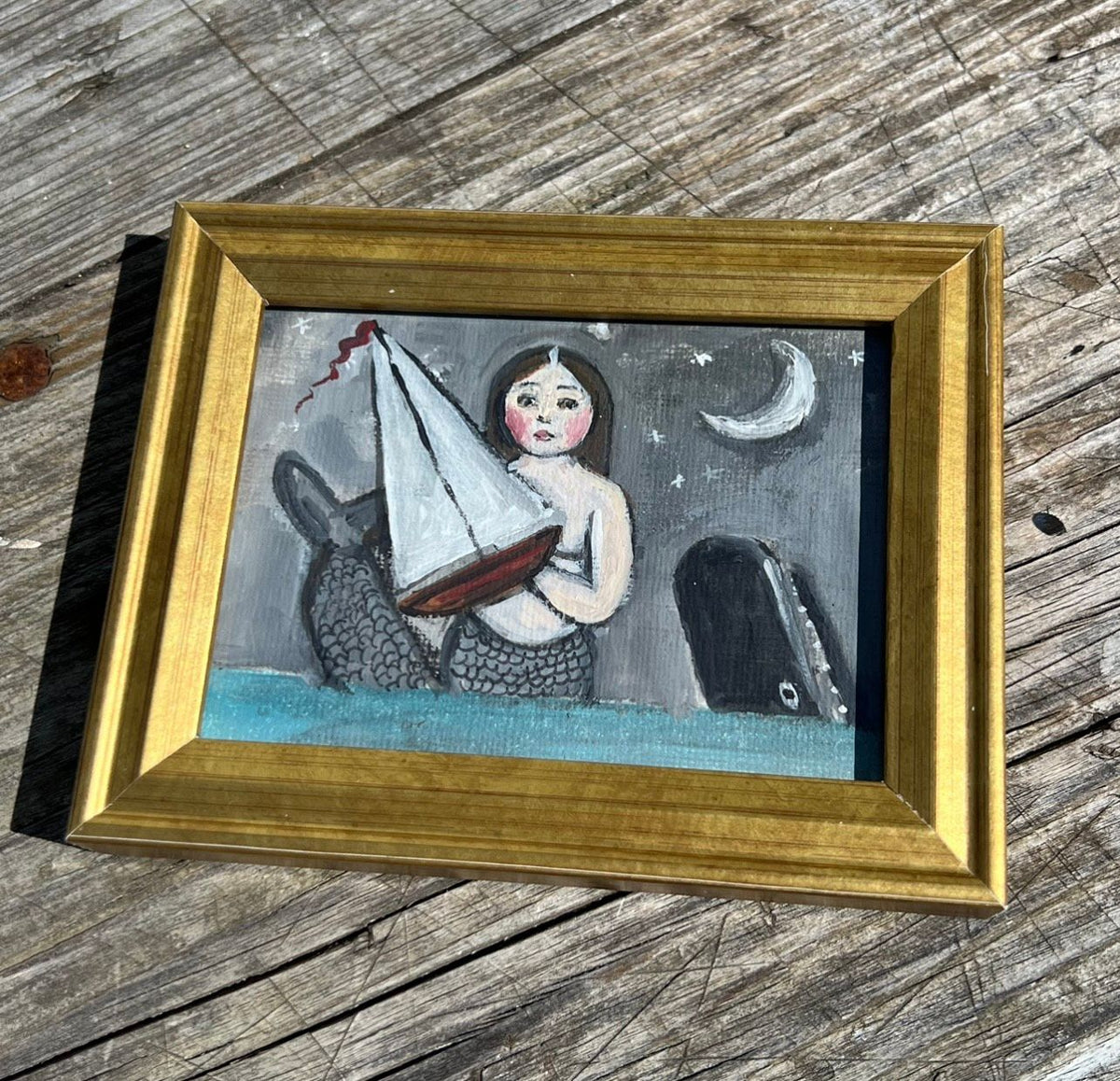 Framed Mini Rectangular Giclee of Mermaid Holding Boat on Starry Night - Tabletop