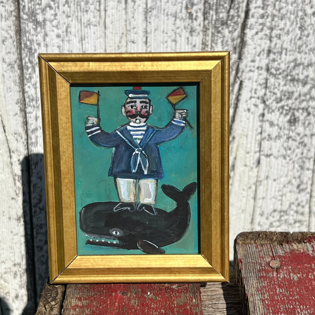 Framed Mini Rectangular Giclee of Signal Flag Sailor with Whale - Tabletop