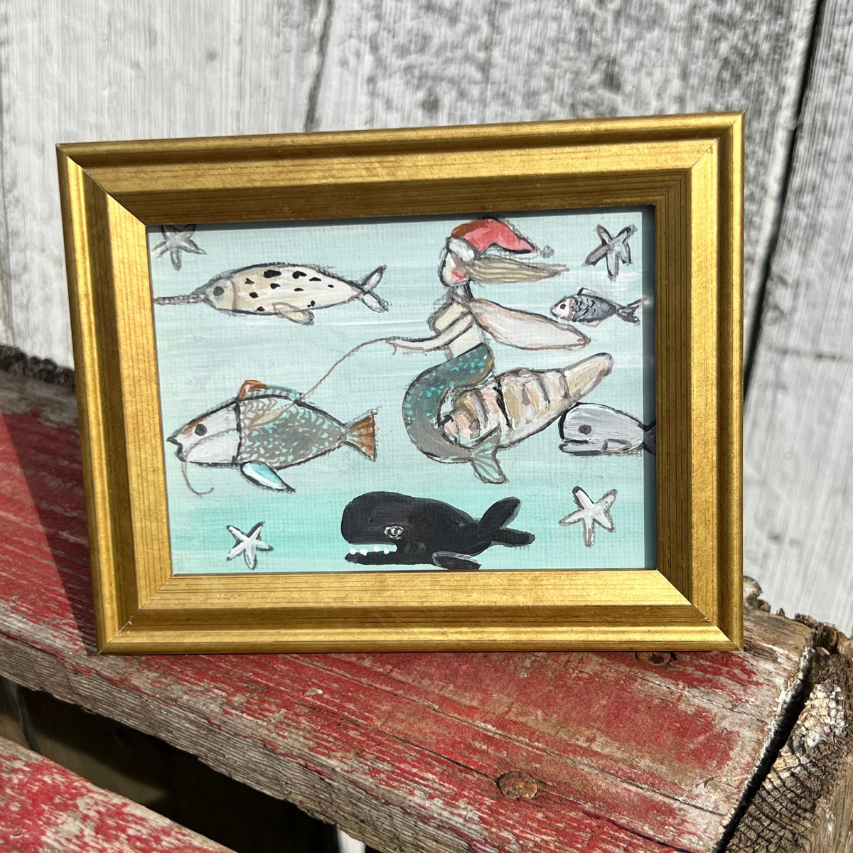 Framed Mini Rectangular Giclee of Mermaid Santa Party at Sea - Tabletop