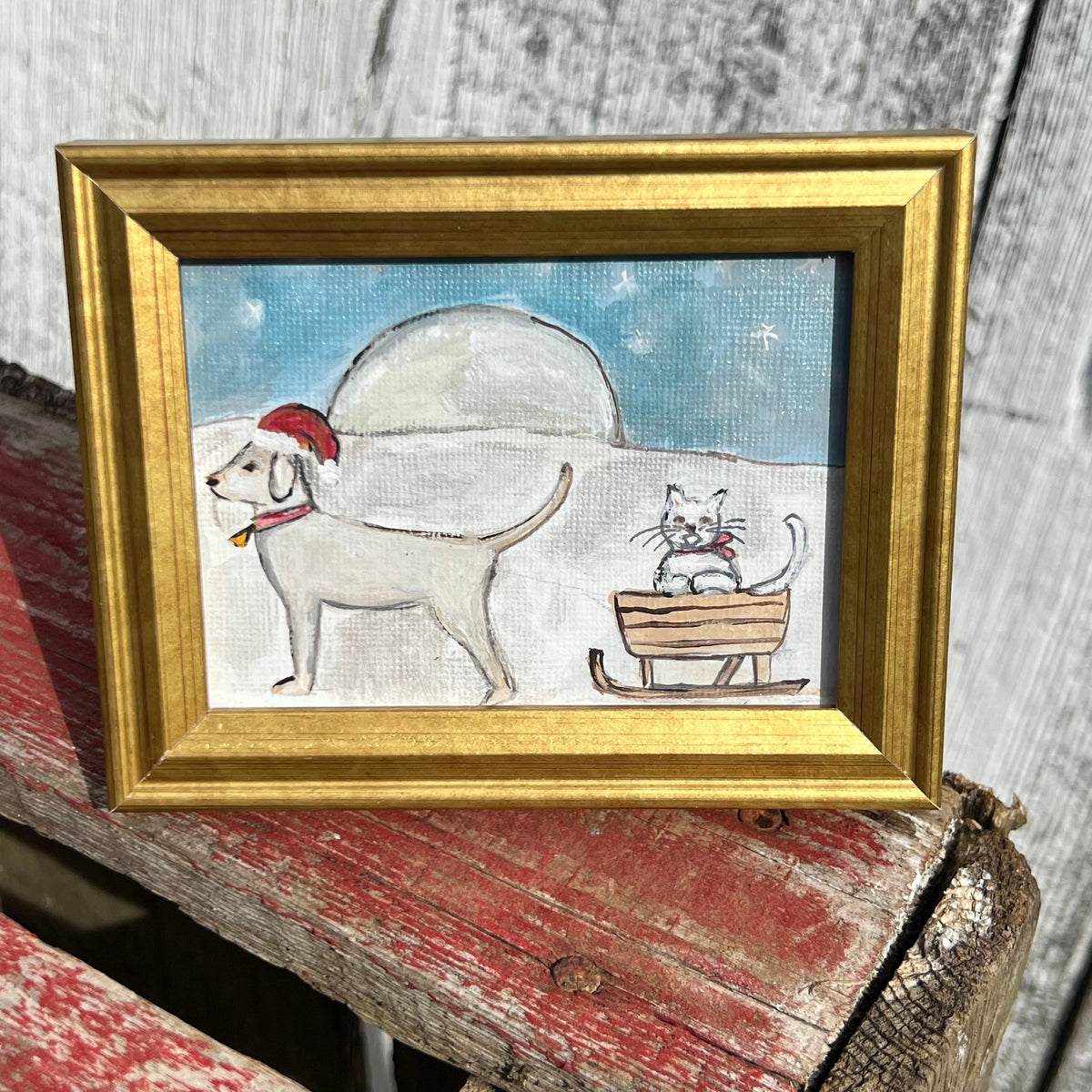Framed Mini Rectangular Giclee of Festive Dog and Kitty on a Sled - Tabletop