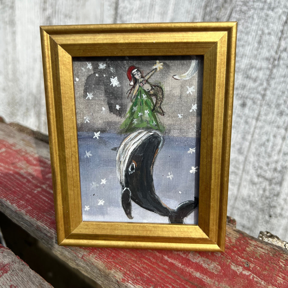 Framed Mini Rectangular Giclee of Rising Whale Beneath a Mermaid and Her Christmas Tree - Tabletop