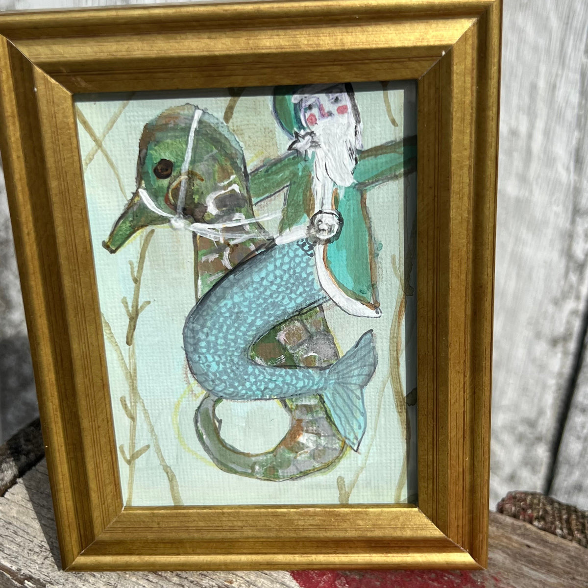 Framed Mini Rectangular Giclee of Santa on Seahorse - Tabletop