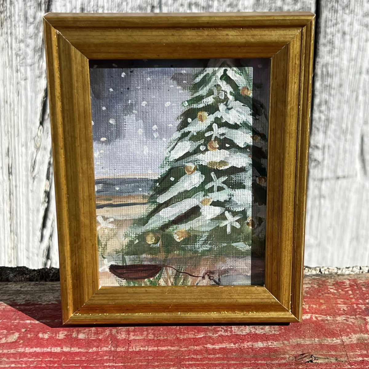 Framed Mini Rectangular Giclee of Dinghy Near a Holiday Tree Beneath the Stars - Tabletop