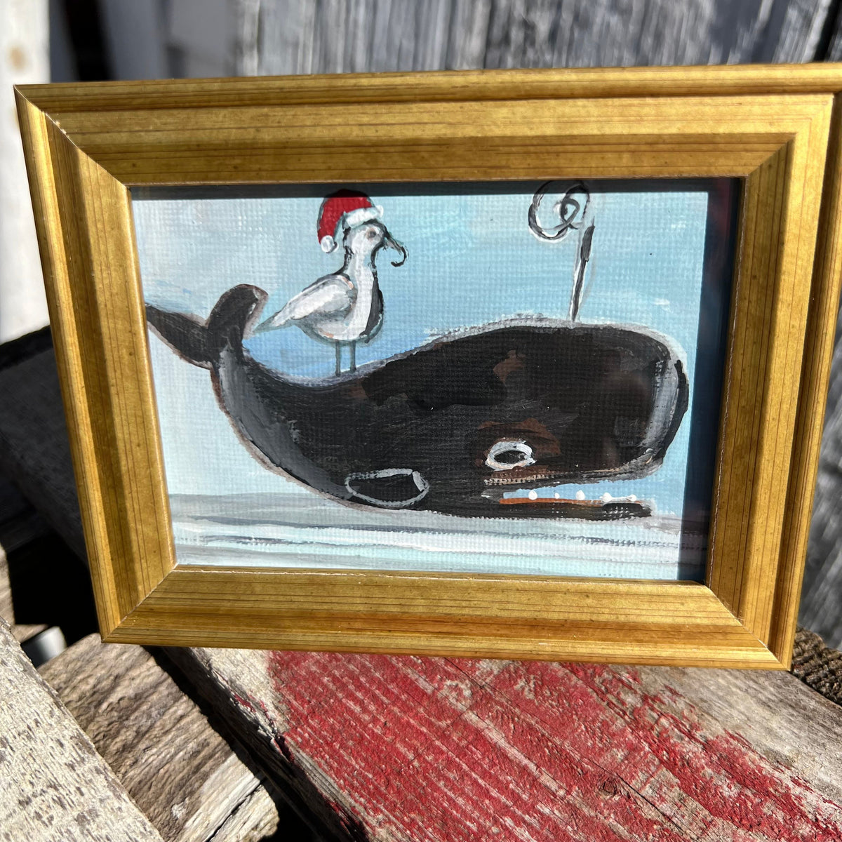Framed Mini Rectangular Giclee of Seagull Santa on Whale - Tabletop