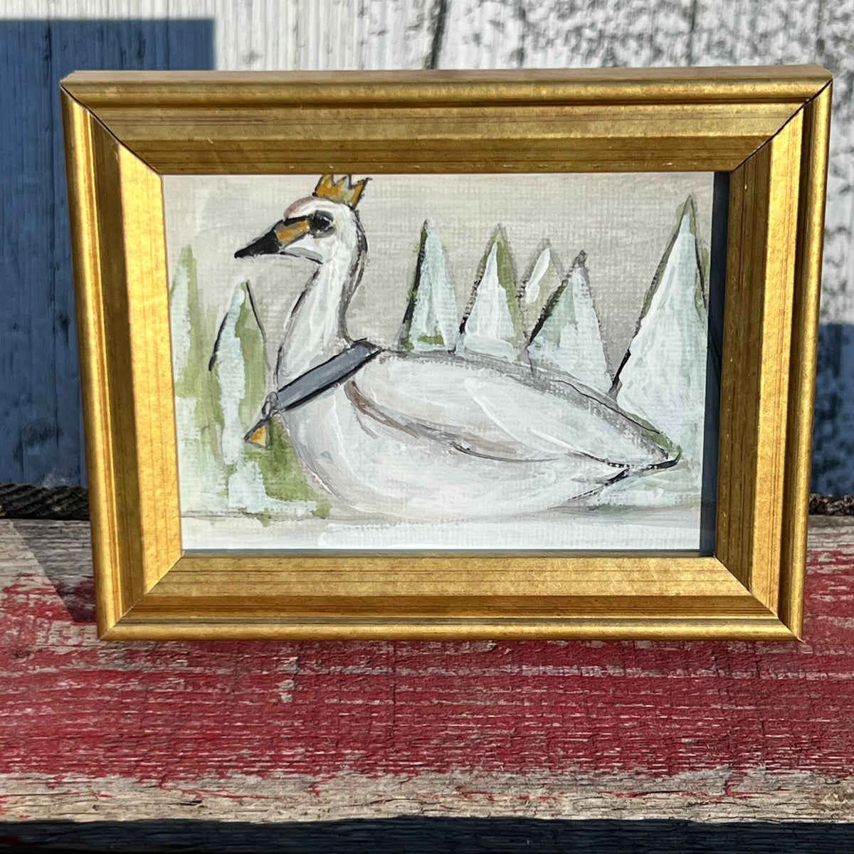 Framed Mini Rectangular Giclee of Swan with Crown - Tabletop
