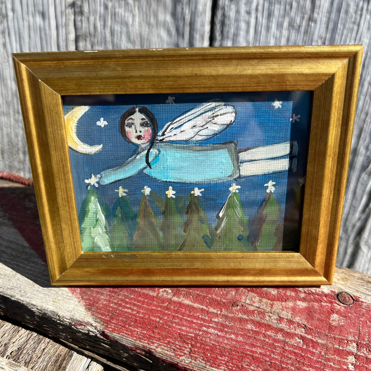 Framed Mini Rectangular Giclee of Soaring Angel Over Evening Sky - Tabletop