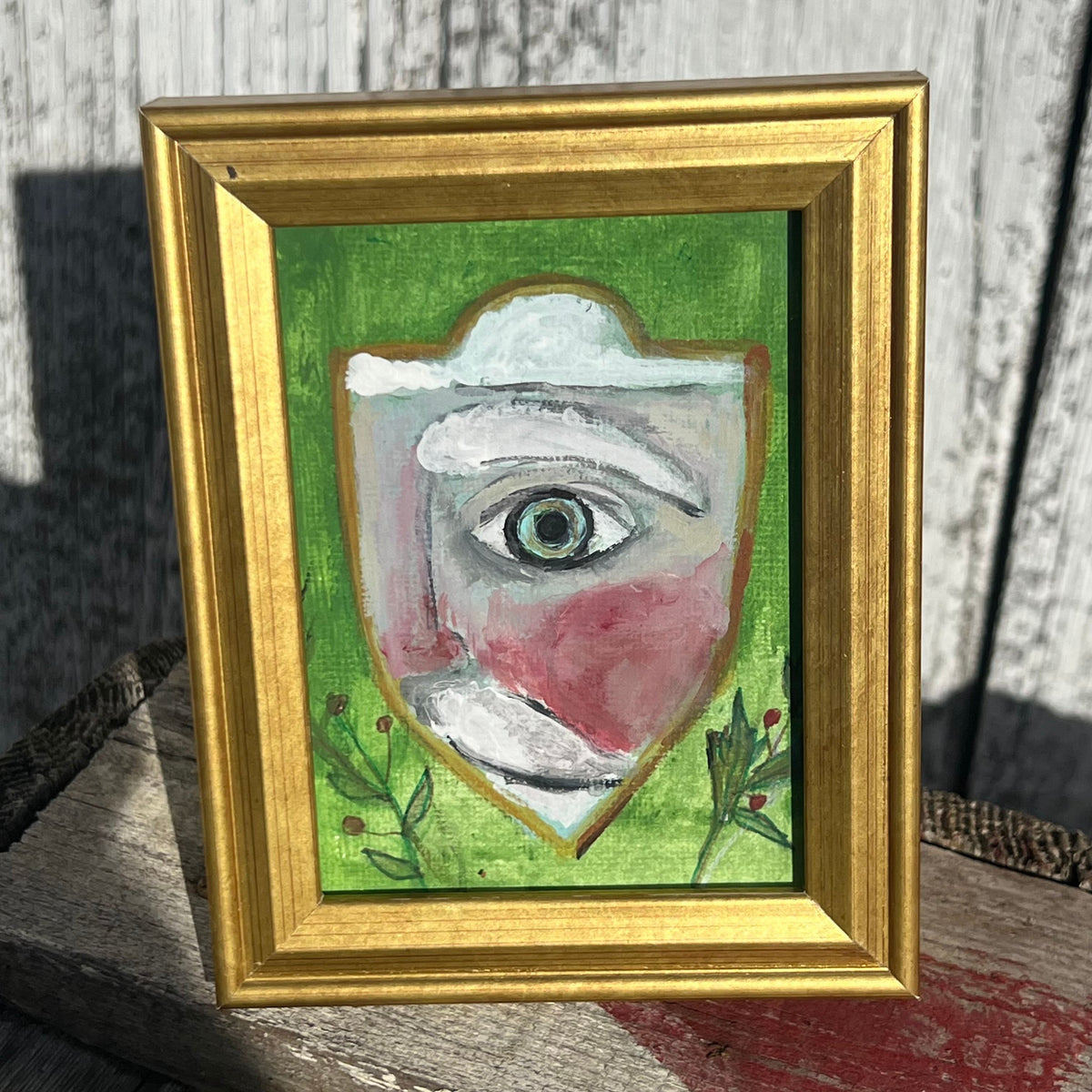 Framed Mini Rectangular Original Painting of Santa Watching - Tabletop