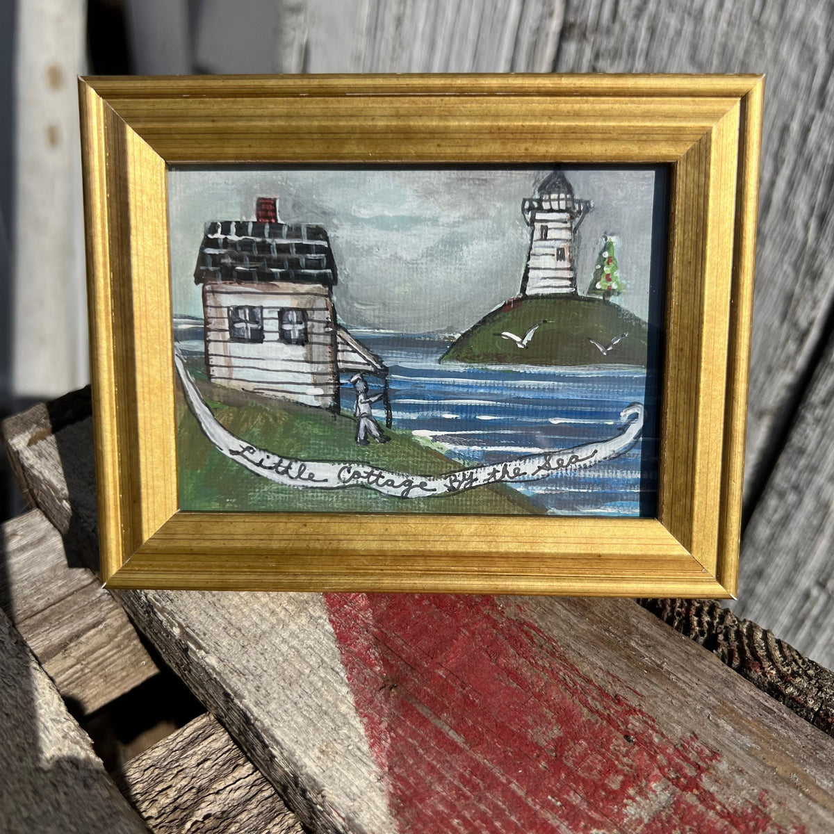Framed Mini Rectangular Giclee of Little Cottage by the Sea at Christmas - Tabletop