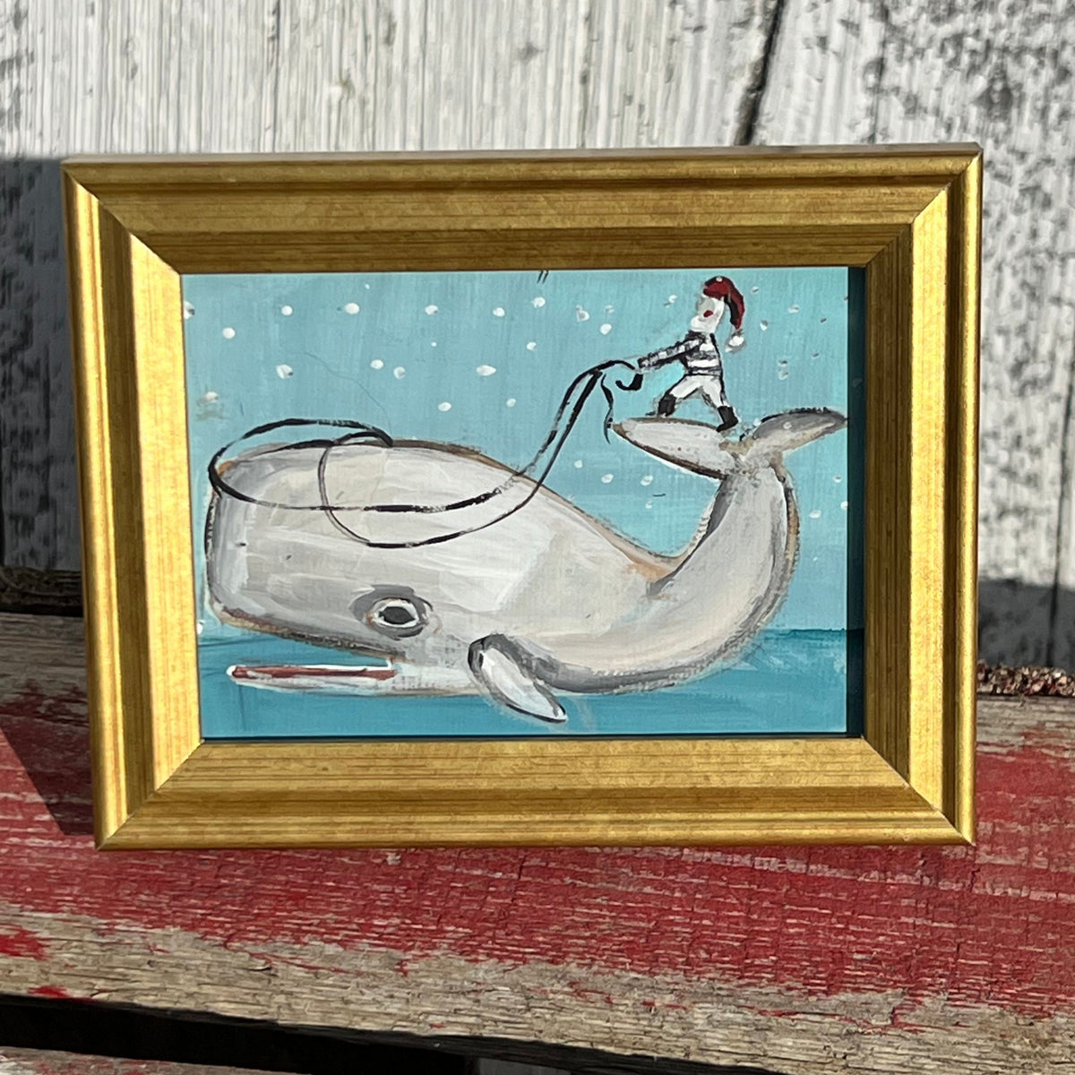 Framed Mini Rectangular Giclee of Santa Whale Rider - Tabletop