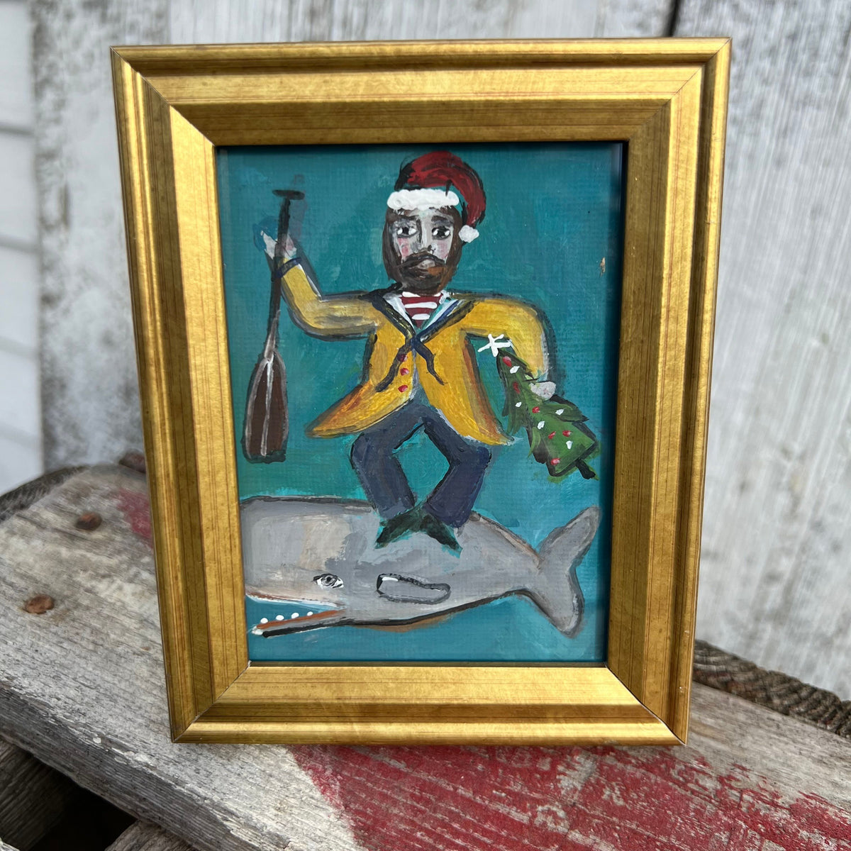 Framed Mini Rectangular Giclee of Sailor Santa with Tree & Whale - Tabletop