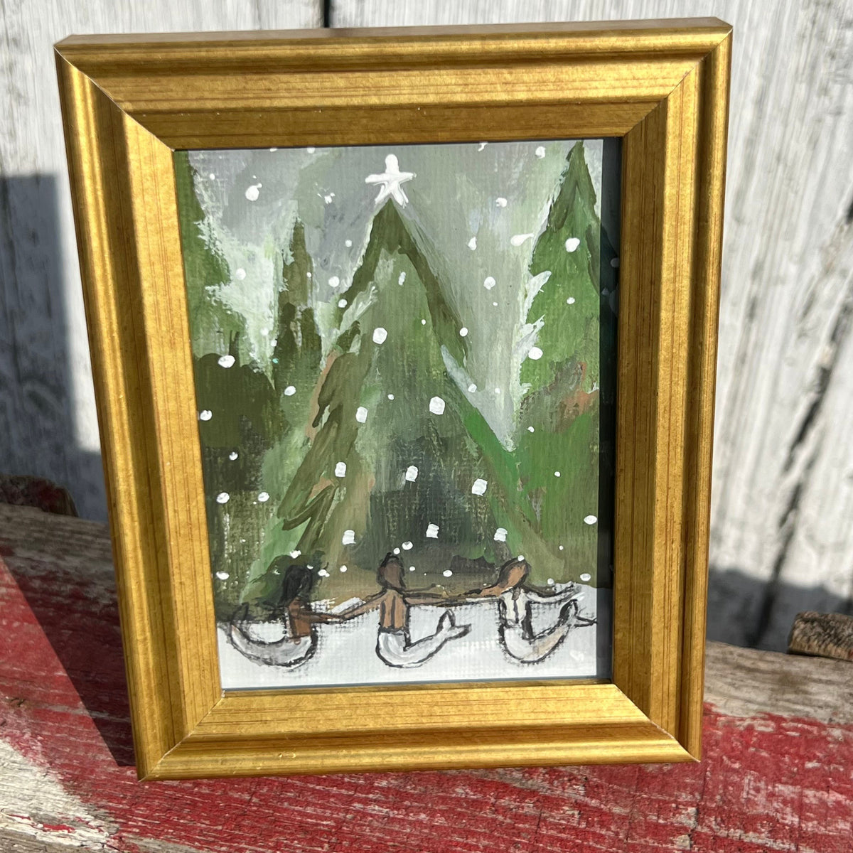 Framed Mini Rectangular Giclee of Mermaids Around Woodlands Christmas Tree - Tabletop