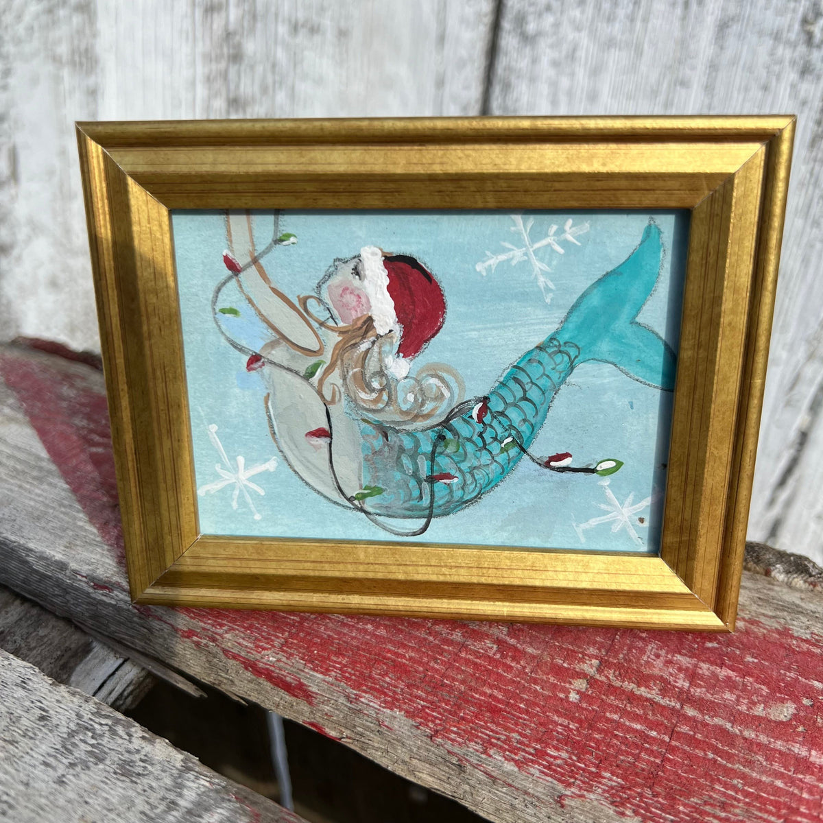 Framed Mini Rectangular Giclee of Mermaid Santa with Christmas Lights/Snowflakes - Tabletop