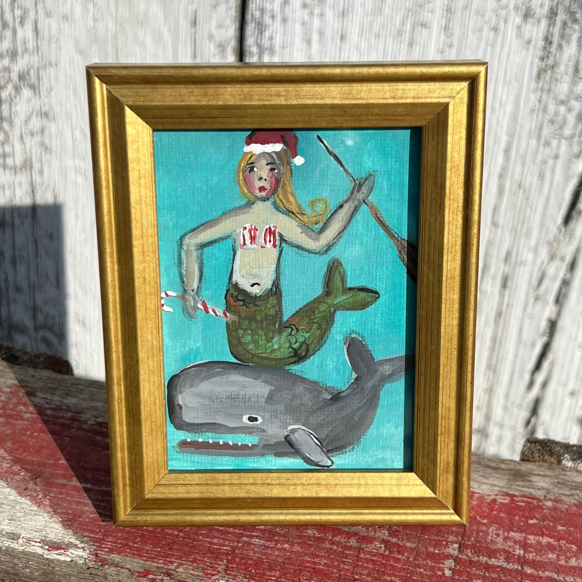 Framed Mini Rectangular Giclee of Mermaid Santa and Whale - Tabletop