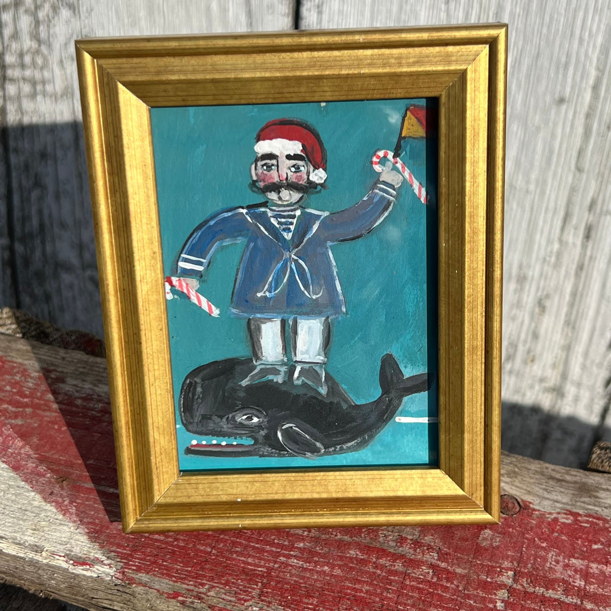 Framed Mini Rectangular Giclee of Sailor Signal Flag Santa and Whale - Tabletop