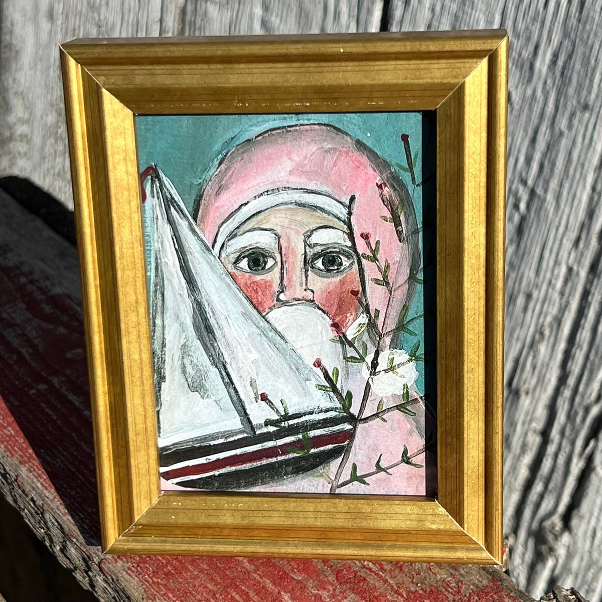 Framed Mini Rectangular Giclee of Pink Santa Holding Sailboat - Tabletop