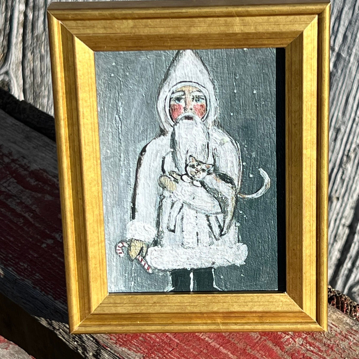 Framed Mini Rectangular Giclee of Grey Santa Holding His Kitty - Tabletop