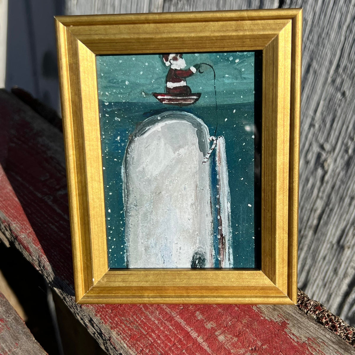 Framed Mini Rectangular Giclee of Large White Whale Beneath Santa on a Boat - Tabletop