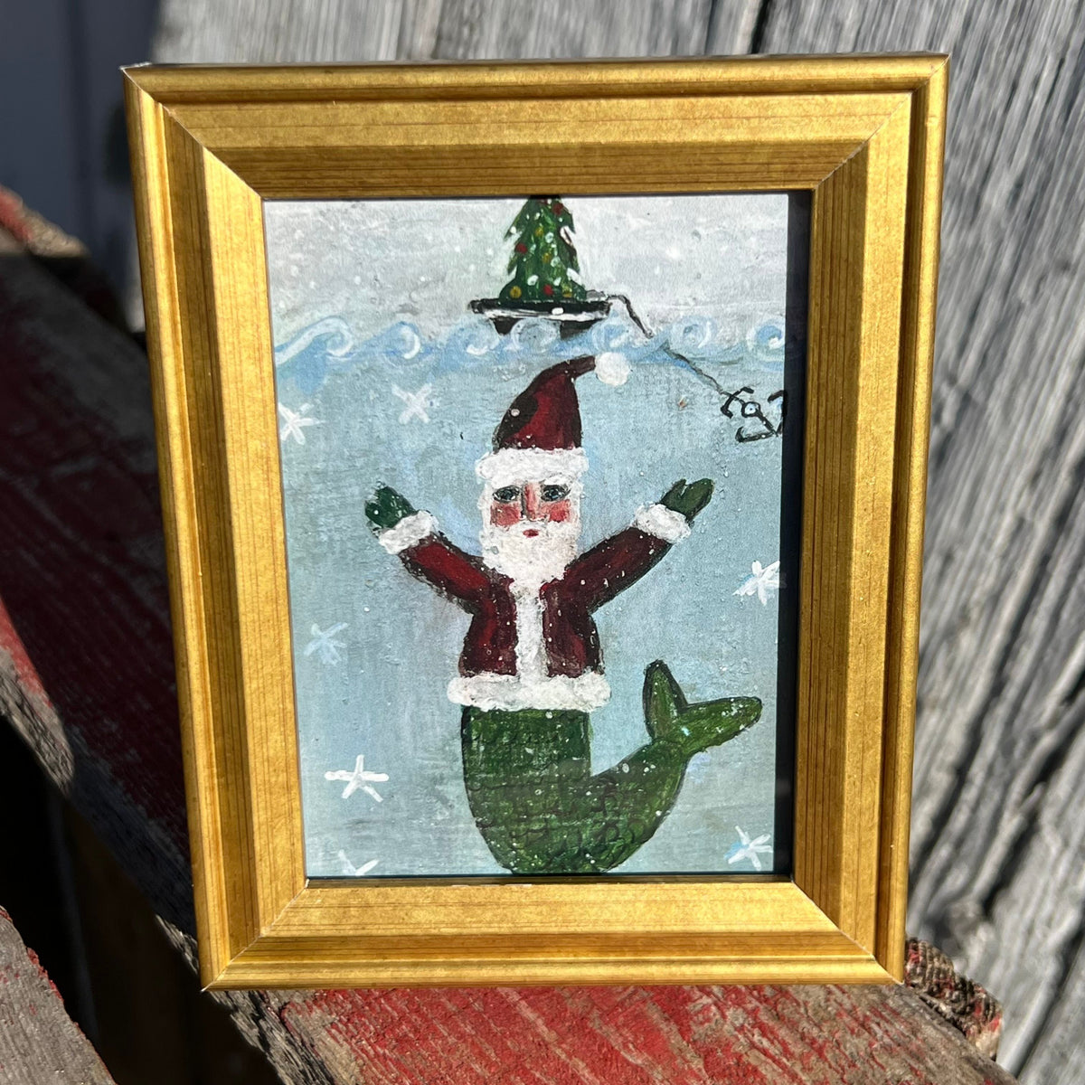 Framed Mini Rectangular Giclee of Santa Merman Beneath Christmas Tree - Tabletop