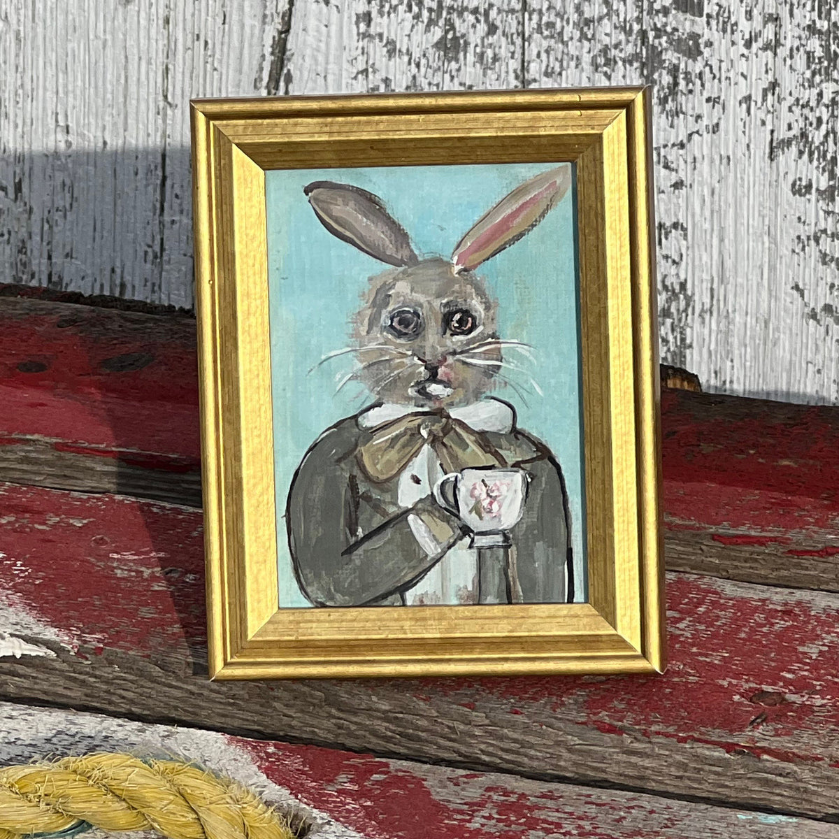 Framed Rectangular Giclee of Bunny Sipping Tea - Tabletop