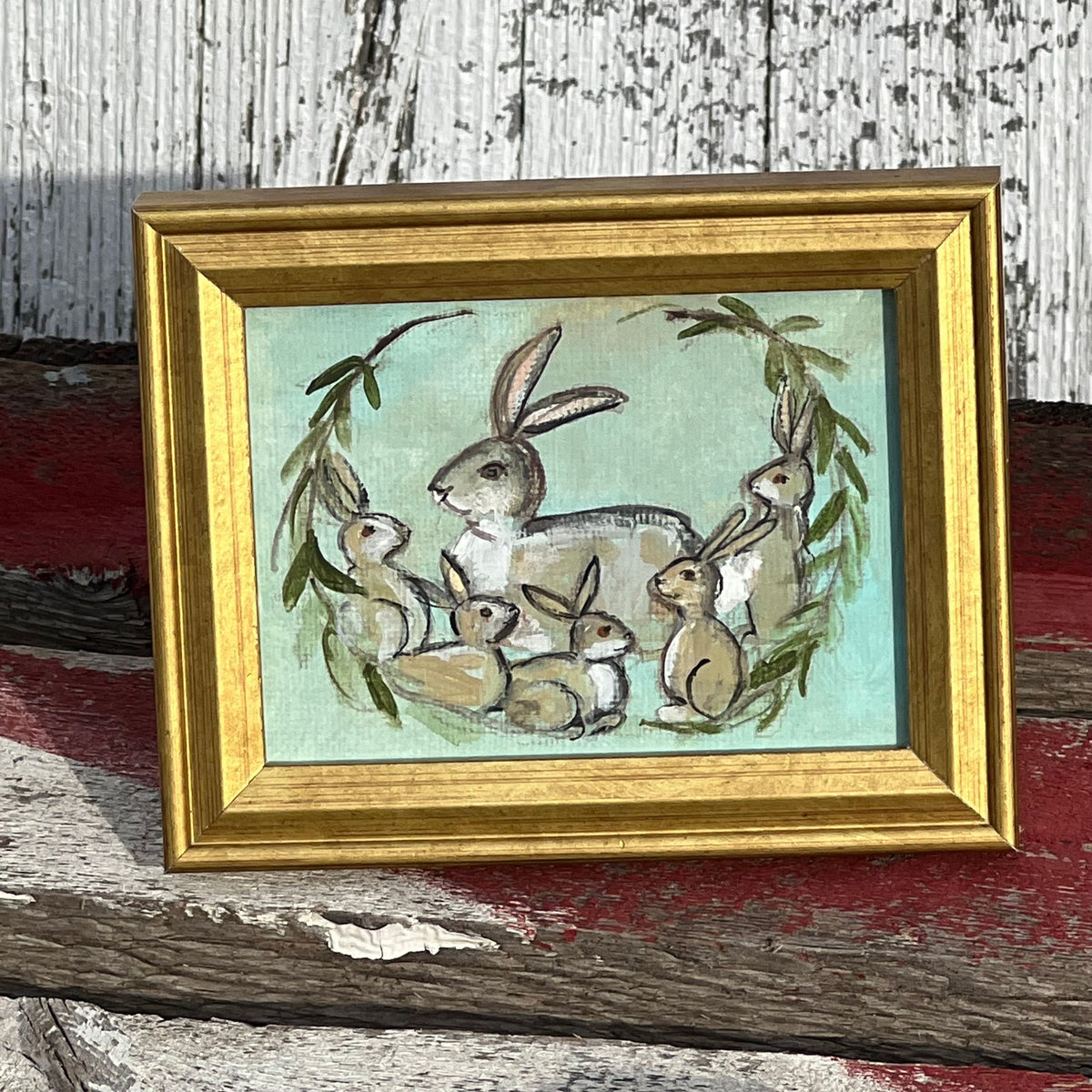 Framed Rectangular Giclee of Cozy Bunny Family - Tabletop