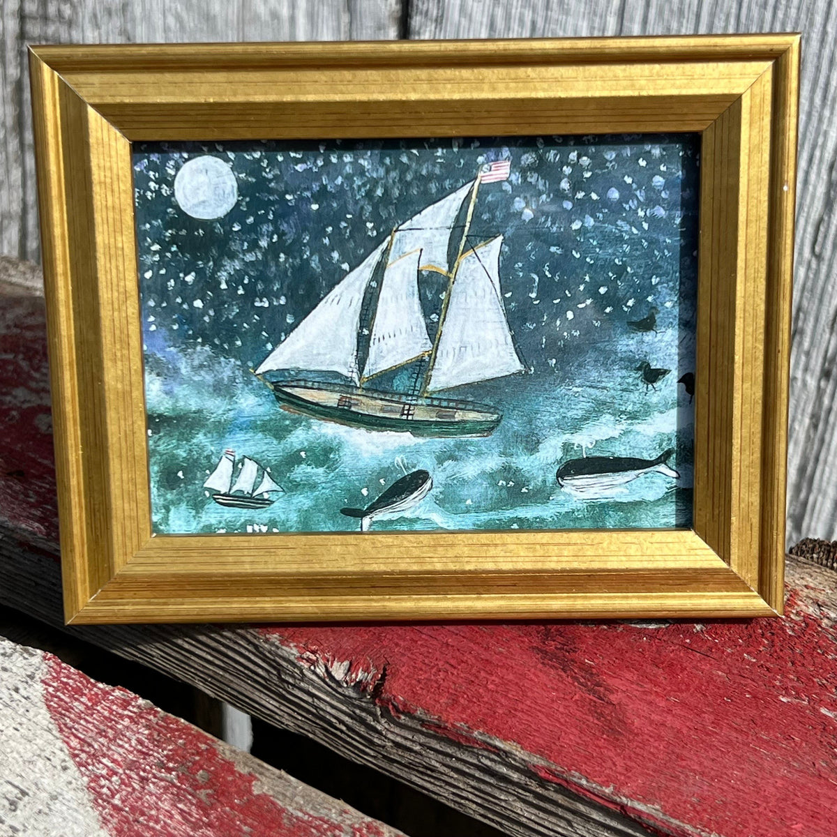 Framed Rectangular Giclee of Ship on a Starry Night - Tabletop
