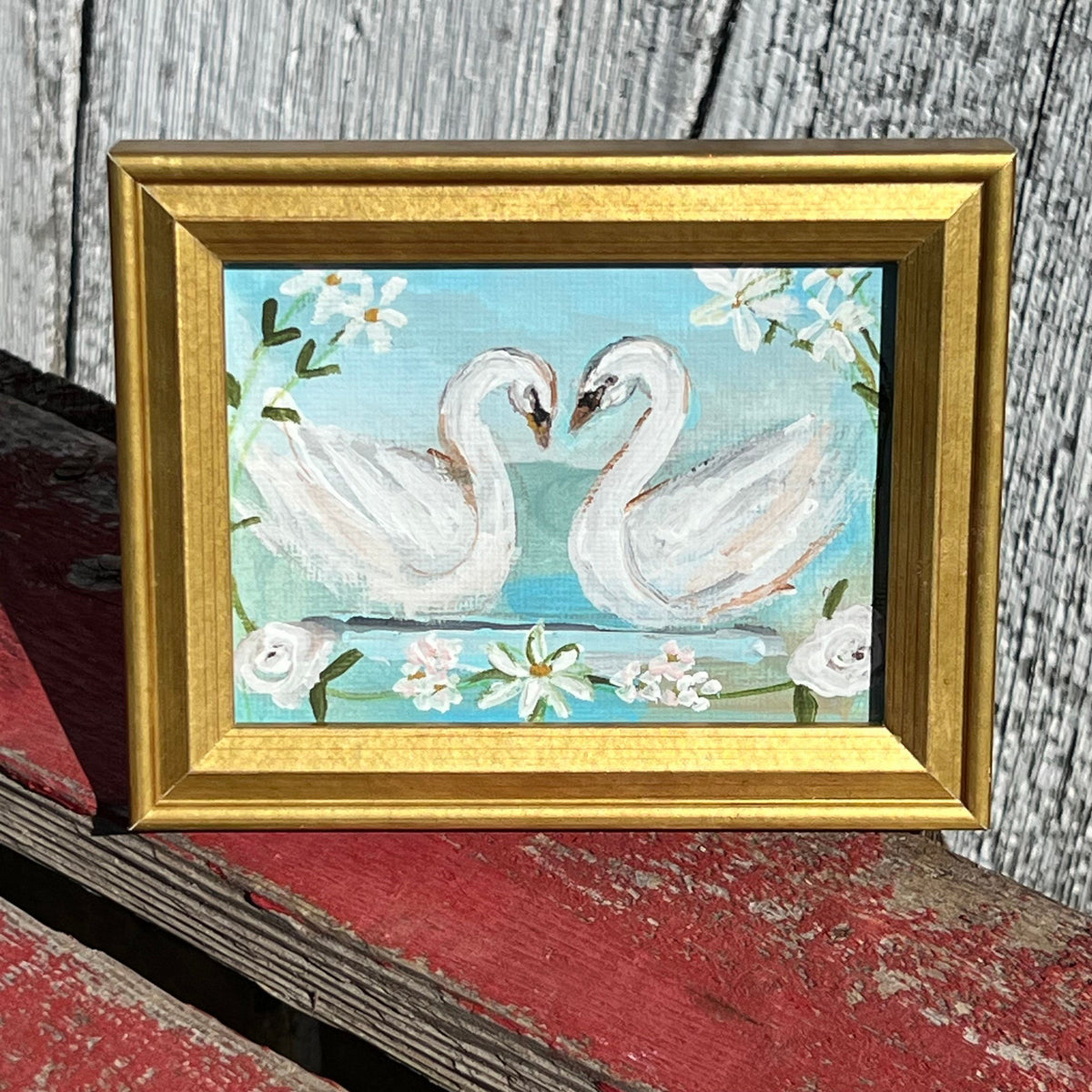 Framed Rectangular Giclee of Swans in Love - Tabletop