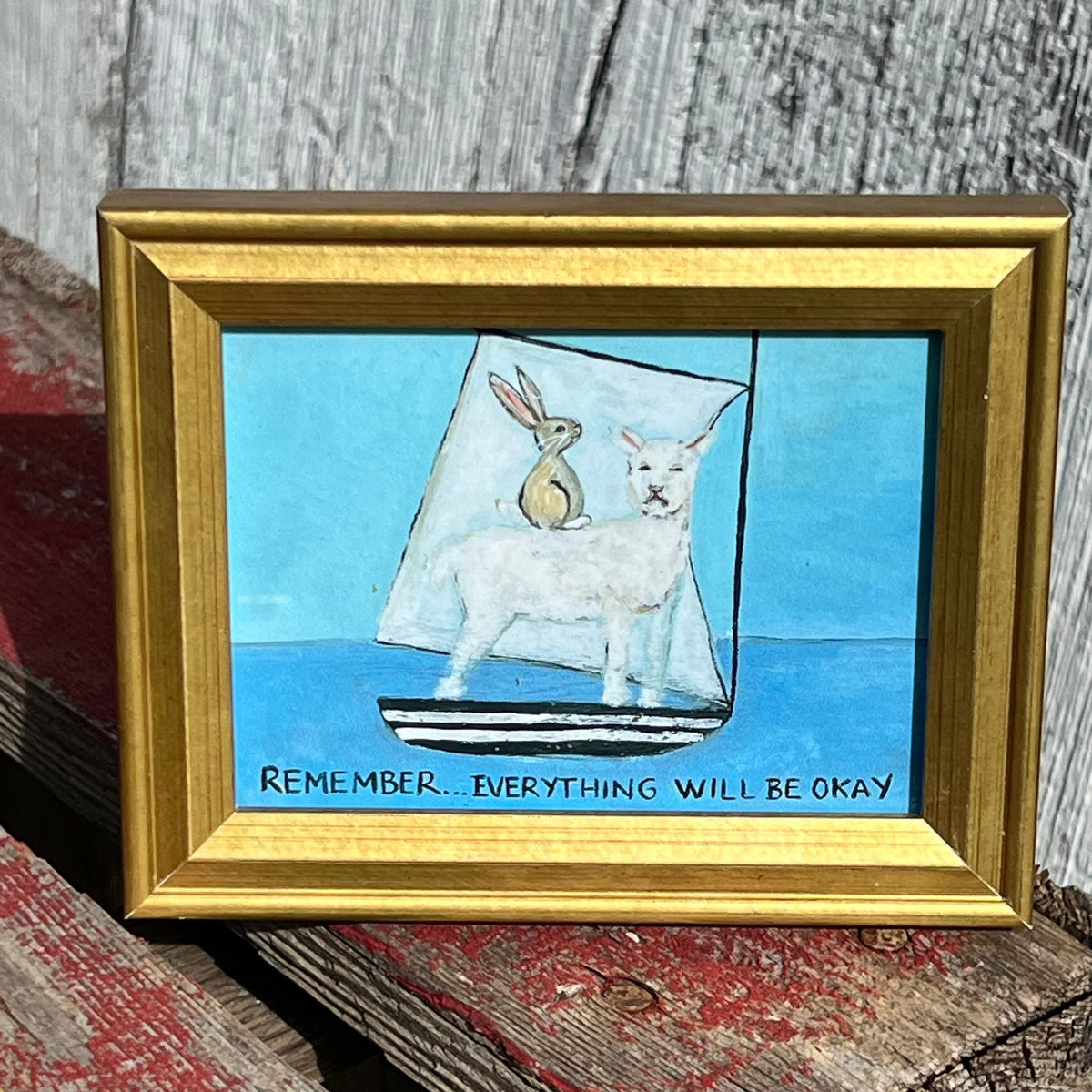 Framed Rectangular Giclee of Remember, Everything Will Be Okay - Bunny and Lamb Friend - Tabletop