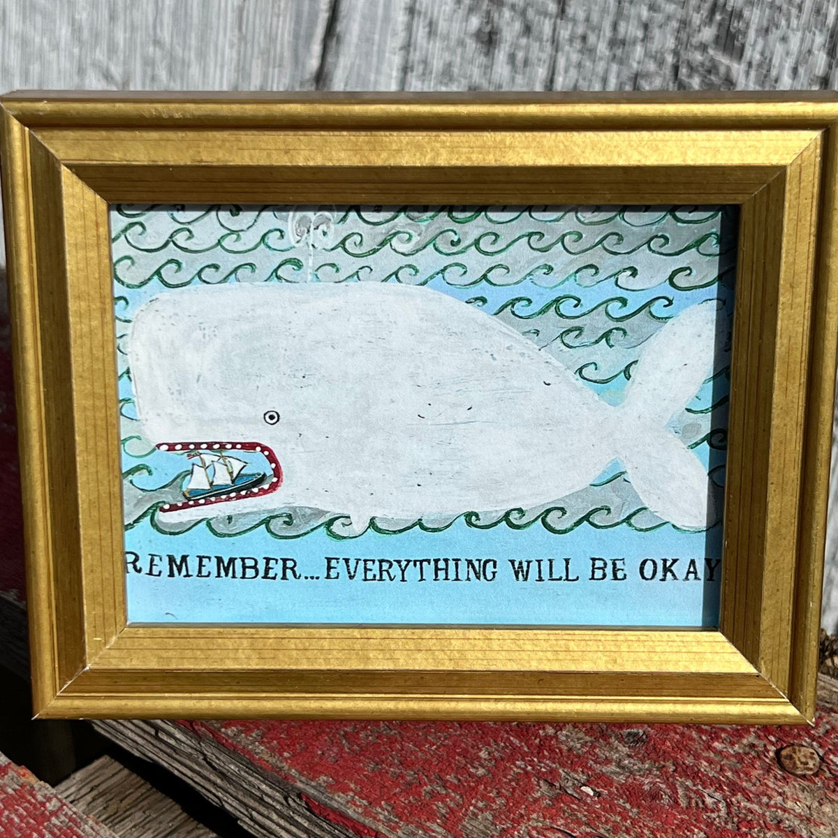 Framed Rectangular Giclee of Remember, Everything Will be Okay - Boat in Mouth of Whale - Tabletop