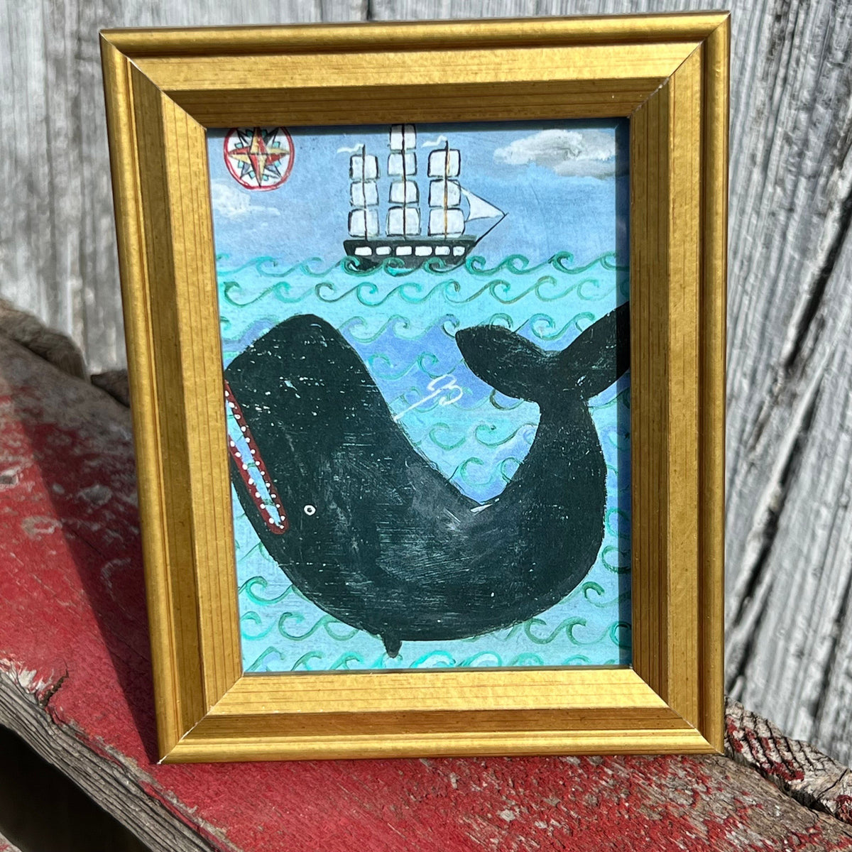 Framed Rectangular Giclee of Whale and a Schooner - Tabletop