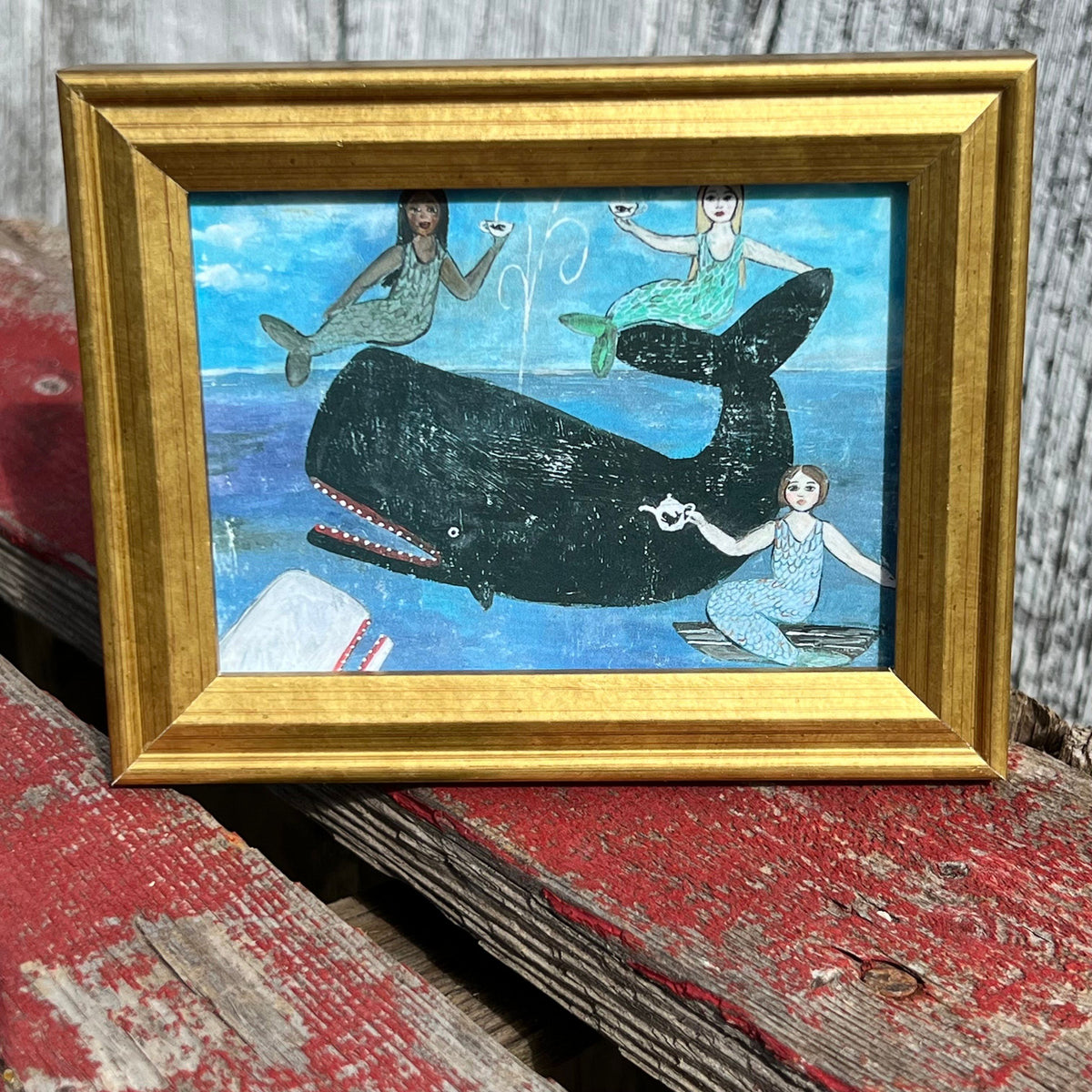 Framed Rectangular Giclee of Mermaid Tea Party With Whale Friends - Tabletop