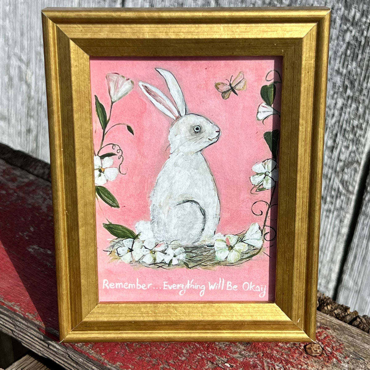 Framed Rectangular Giclee of Remember, Everything Will be Okay - Bunny on Pink - Tabletop