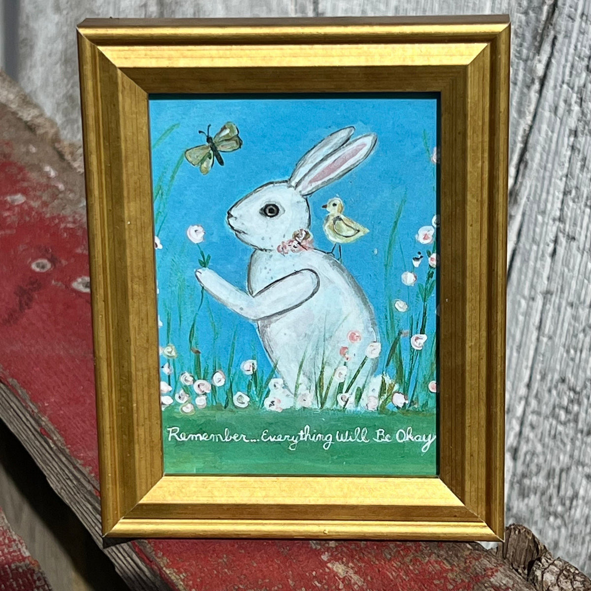 Framed Rectangular Giclee of Remember, Everything Will Be Okay - Bunny With Friends - Tabletop