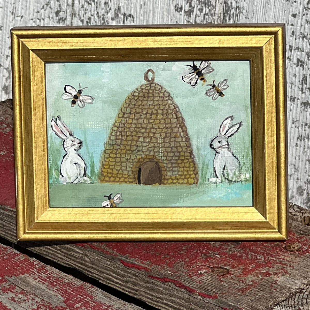 Framed Rectangular Giclee of Bunnies Hangin' at the Hive - Tabletop