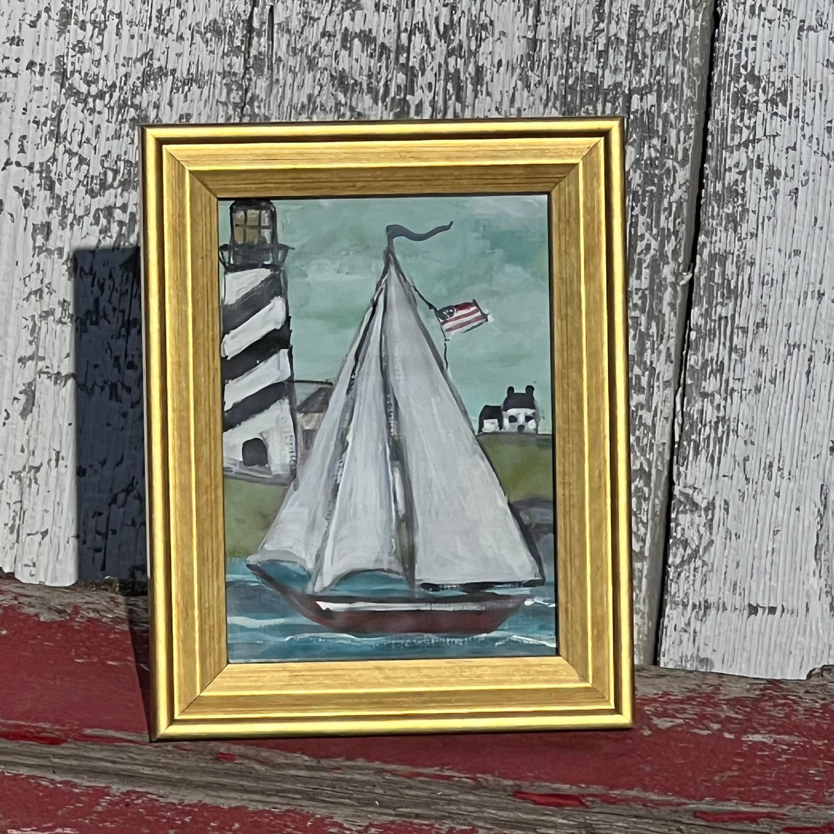 Framed Rectangular Giclee of Sailboat by Lighthouse - Tabletop