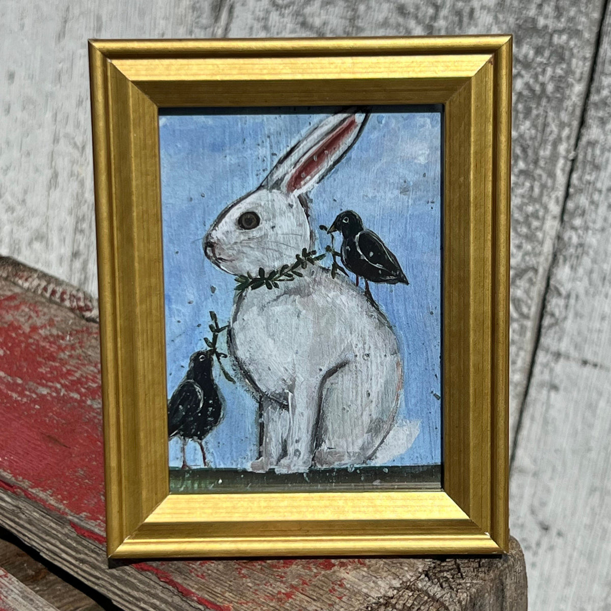 Framed Rectangular Giclee of Bunny with Crow Friends - Tabletop