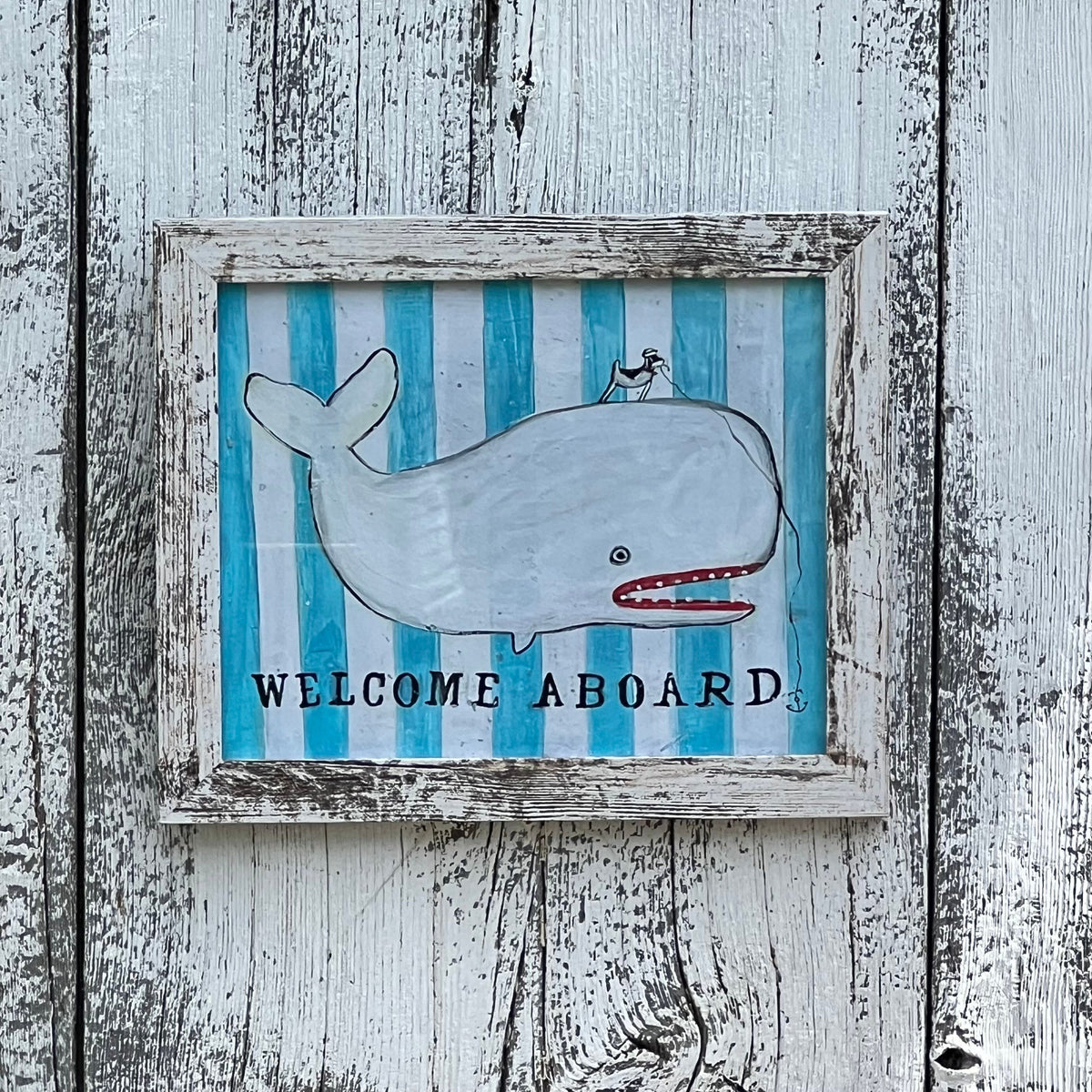 New Framed Welcome Aboard Whale Giclee With Summer Blue Stripes