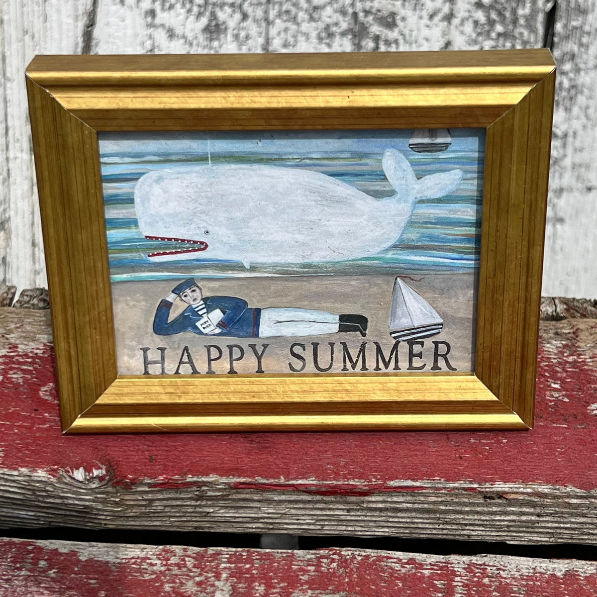 Framed Mini Rectangular Giclee of Moby Dick and a Sailor - Happy Summer - Tabletop