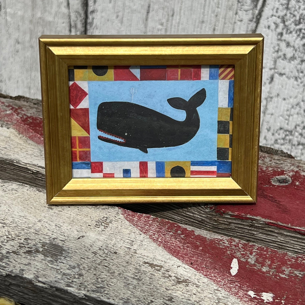 Framed Mini Rectangular Giclee of Signal Flag Whale - for Tabletop! Flag Spell "Liberty, Justice for All