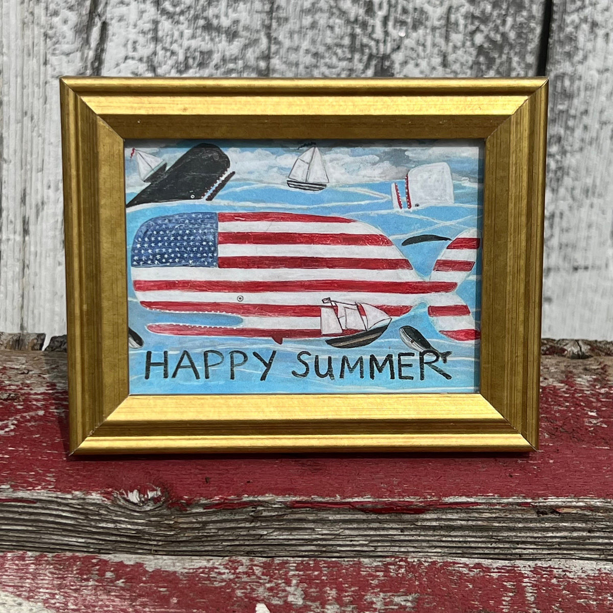 Framed Mini Rectangular Giclee of Patriotic Whale - Happy Summer - Tabletop