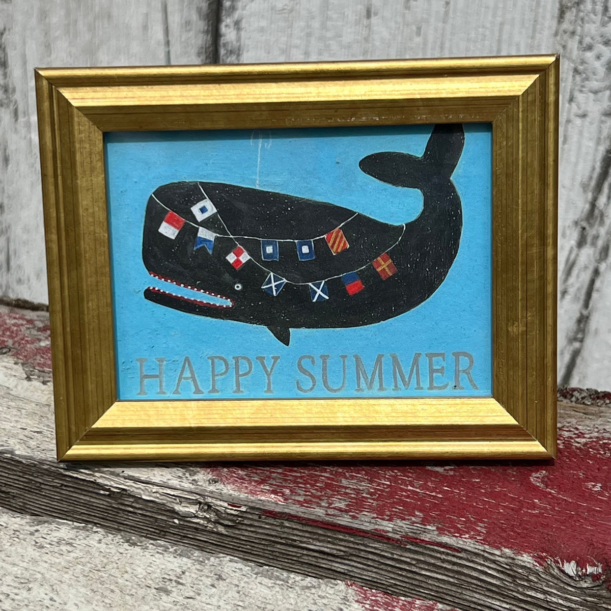 Framed Mini Rectangular Giclee of Signal Flag Whale - Happy Summer - Tabletop