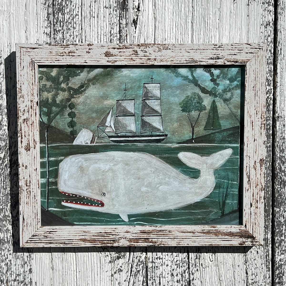 Framed Giclee of White Whale in Woodlands Seascape" in 8x10 Rustic Looking Frame